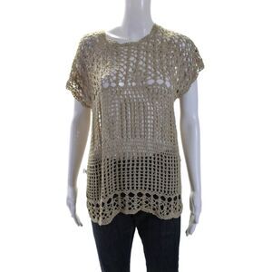 Charlie Joe Womens Open Knit Round Neck Short Sleeve Pullover Top Beige Size M